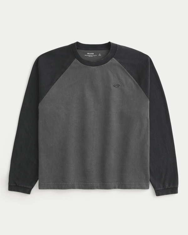 ボクシー クロップ 長袖 アイコン クルーネックTシャツ, ブラック/チャコールグレー view 1