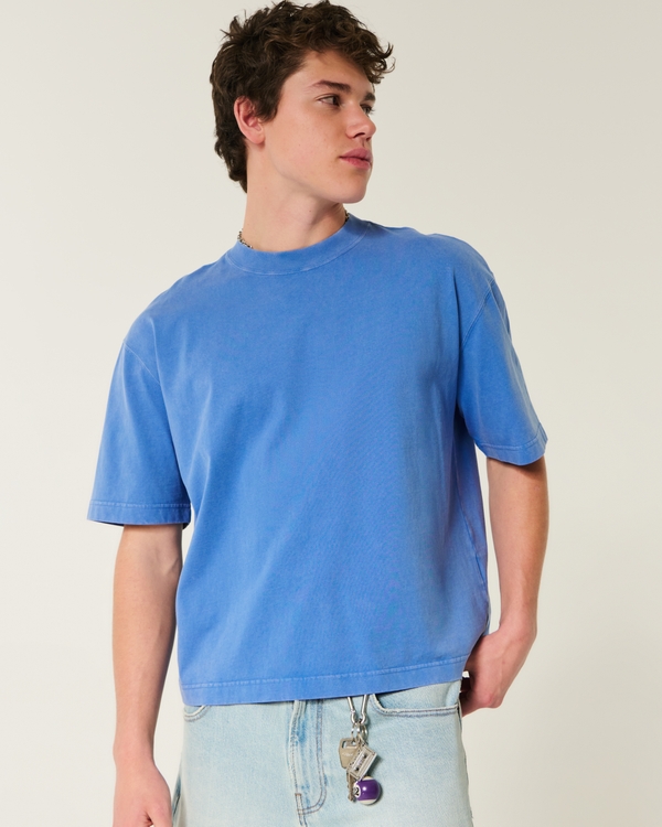 Boxy Heavyweight Crop Washed Crew T-Shirt, Washed Blue view 1