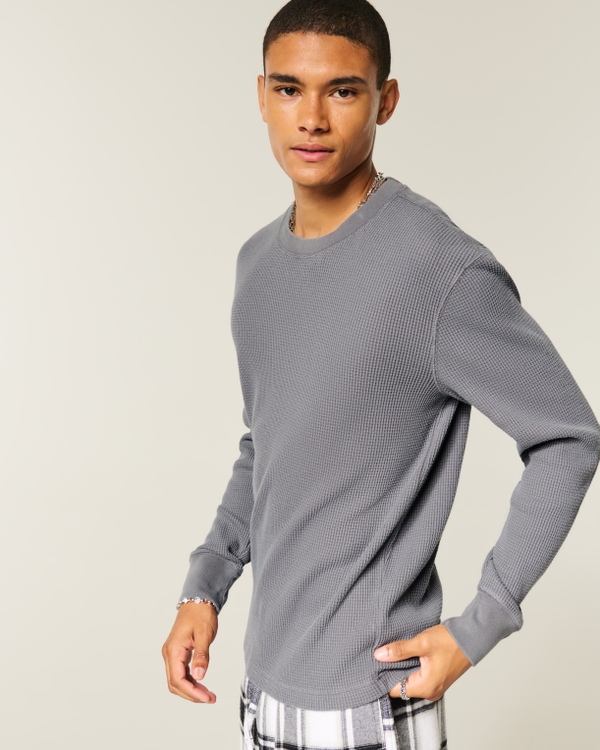 Relaxed Long-Sleeve Thermal Crew T-Shirt, Washed Dark Gray view 1