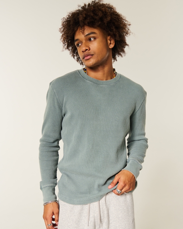 Relaxed Long-Sleeve Thermal Crew T-Shirt, Washed Dark Sage view 1