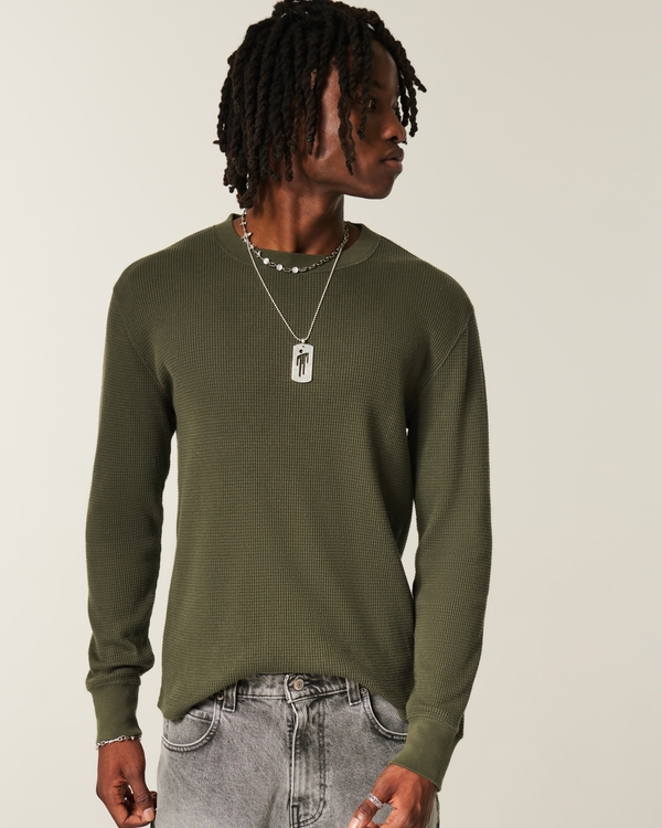 Relaxed Long-Sleeve Thermal Crew T-Shirt, Dark Olive view 1
