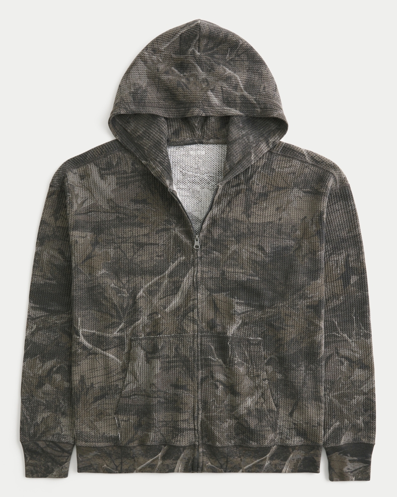 Boxy Thermal Camo Zip-Up Hoodie