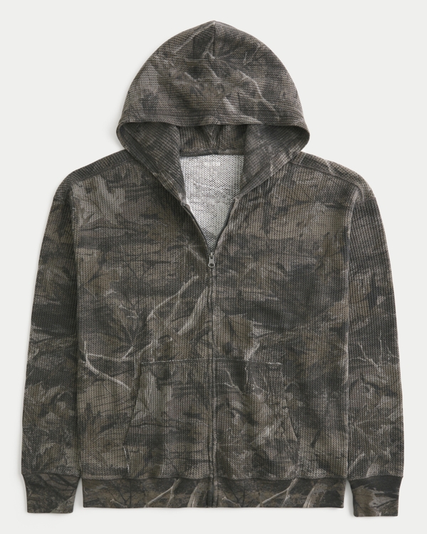 Boxy Thermal Camo Zip-Up Hoodie