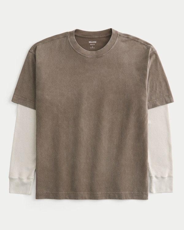 Layered 2-in-1 Long-Sleeve Crew T-Shirt, Washed Brown view 1