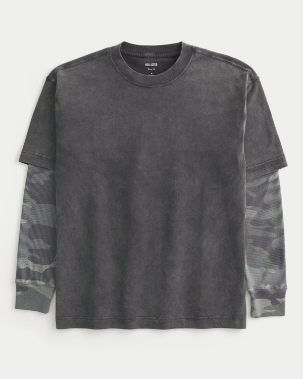 Layered 2-in-1 Long-Sleeve Crew T-Shirt, Washed Black view 1