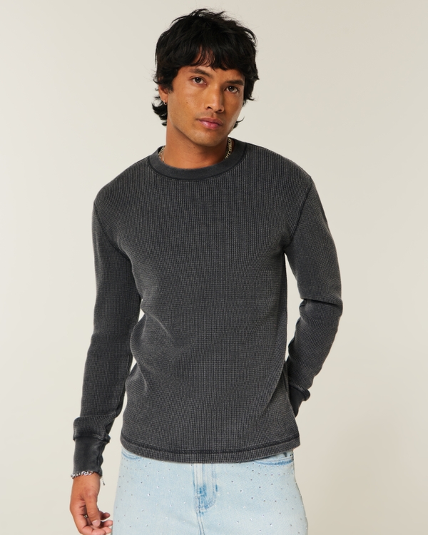 Long-Sleeve Thermal Crew Shirt, Washed Black view 1