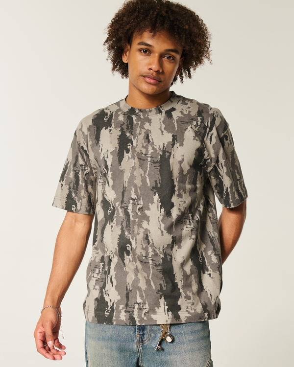 Boxy Heavyweight Camo Crew T-Shirt, Light Brown Camo view 1