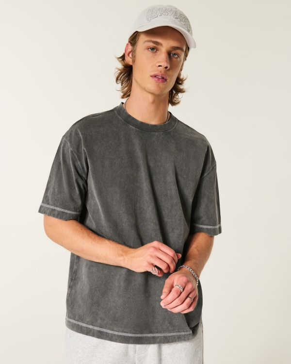 Boxy Heavyweight Cotton Contrast Stitch Crew T-Shirt, Washed Black view 1