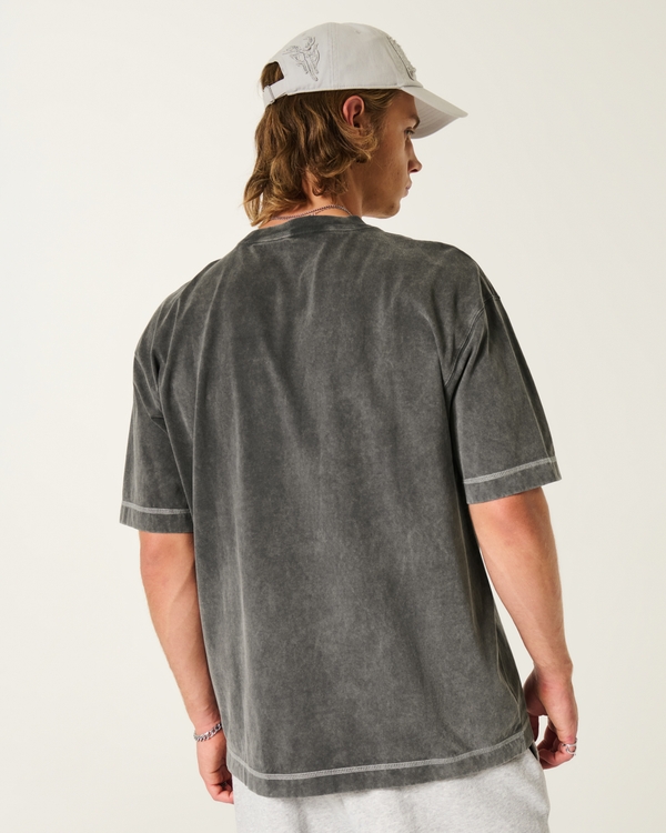 Boxy Heavyweight Cotton Contrast Stitch Crew T-Shirt, Washed Black view 2