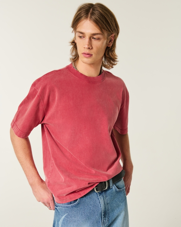 Boxy Heavyweight Washed Cotton Crew T-Shirt, Faded Maroon view 1