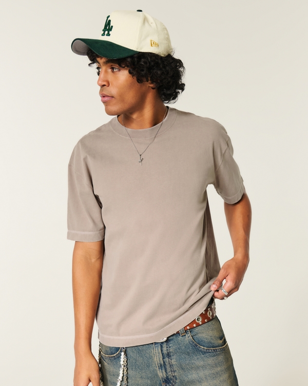 Boxy Heavyweight Cotton Contrast Stitch Crew T-Shirt, Washed Dark Tan view 1