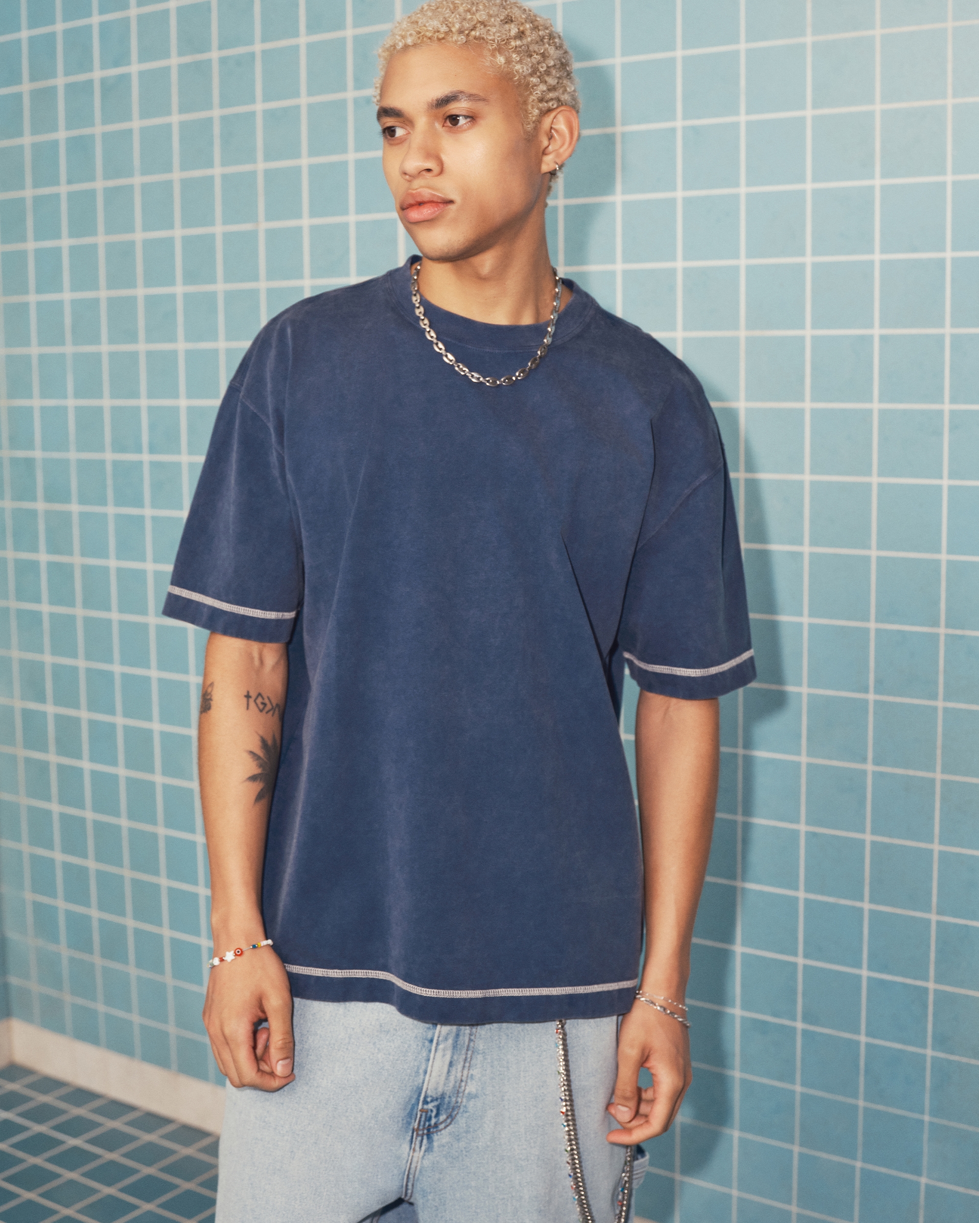 Boxy Heavyweight Cotton Contrast Stitch Crew T-Shirt