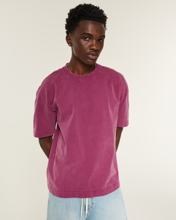 Boxy Heavyweight Washed Cotton Crew T-Shirt, Burgundy view 1