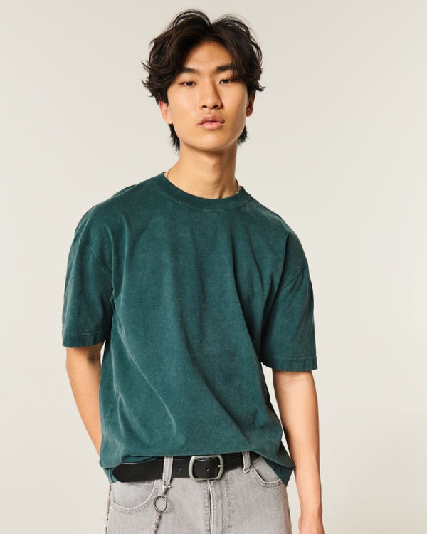 Boxy Heavyweight Washed Cotton Crew T-Shirt, Dark Green view 1