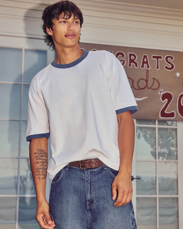 Boxy Heavyweight Ringer Crew T-Shirt, White view 1