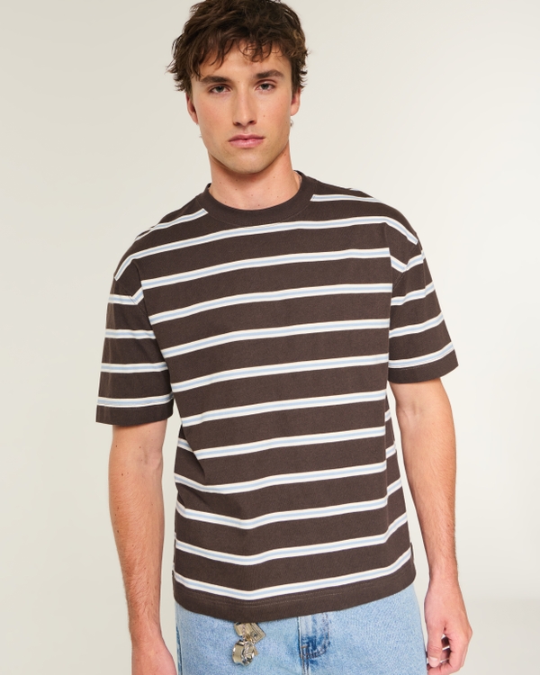 Boxy Heavyweight Cotton Crew T-Shirt, Dark Brown Stripe view 1