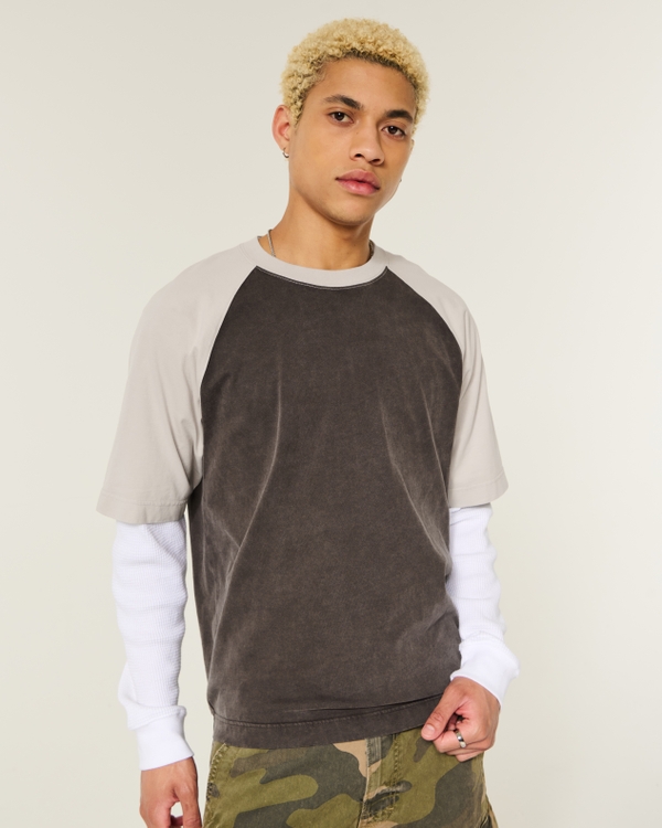 Boxy Heavyweight Cotton Raglan Crew T-Shirt, Dark Brown view 1