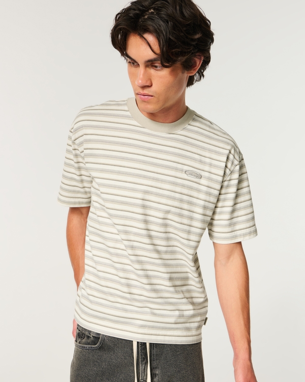 Boxy Heavyweight Logo Crew T-Shirt, Cream Stripe view 1