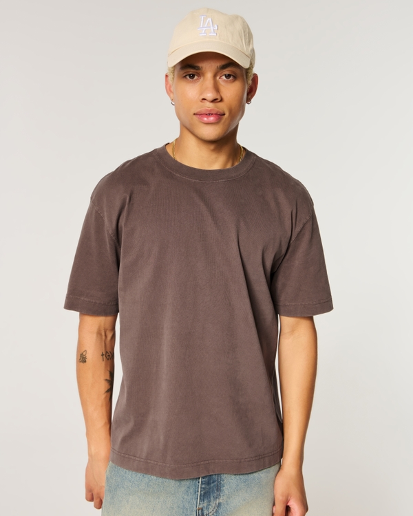 Boxy Heavyweight Washed Crew T-Shirt, Dark Brown view 1