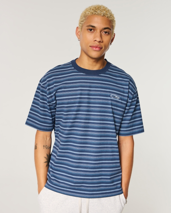 Boxy Heavyweight Logo Crew T-Shirt, Navy Stripe view 1