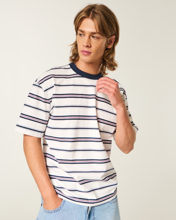 Boxy Heavyweight Cotton Crew T-Shirt, Cream Stripe view 1