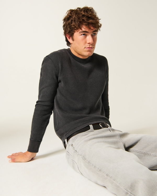 Relaxed Washed Long-Sleeve Thermal Crew T-Shirt, Charcoal view 1