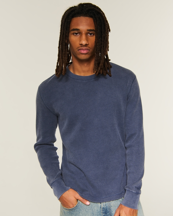 Relaxed Washed Long-Sleeve Thermal Crew T-Shirt, Navy view 1