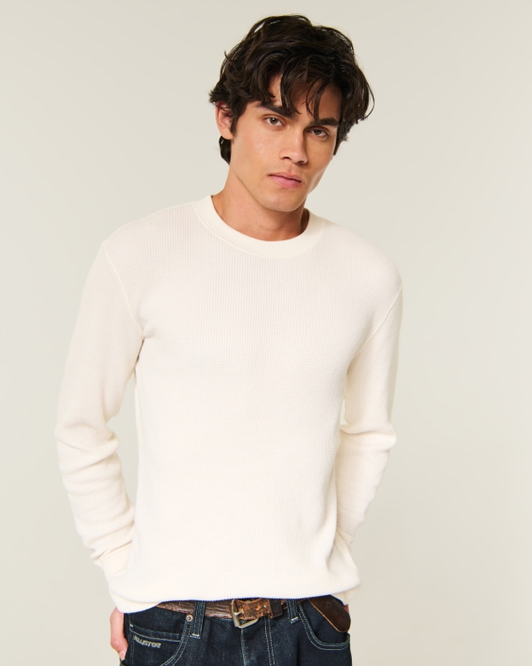 Relaxed Long-Sleeve Thermal Crew T-Shirt, Cream view 1