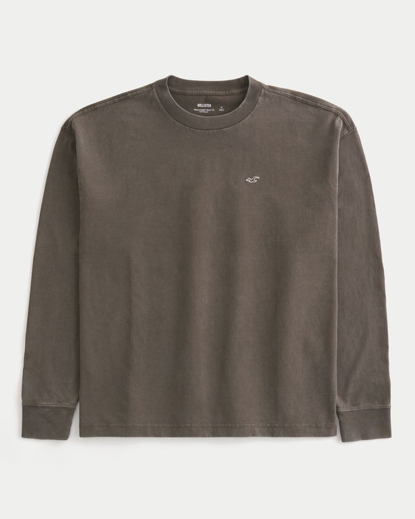 Boxy Heavyweight Long-Sleeve Icon Crew T-Shirt, Washed Dark Brown view 1