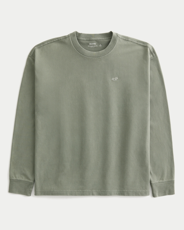 Boxy Heavyweight Long-Sleeve Icon Crew T-Shirt, Washed Dark Olive view 1