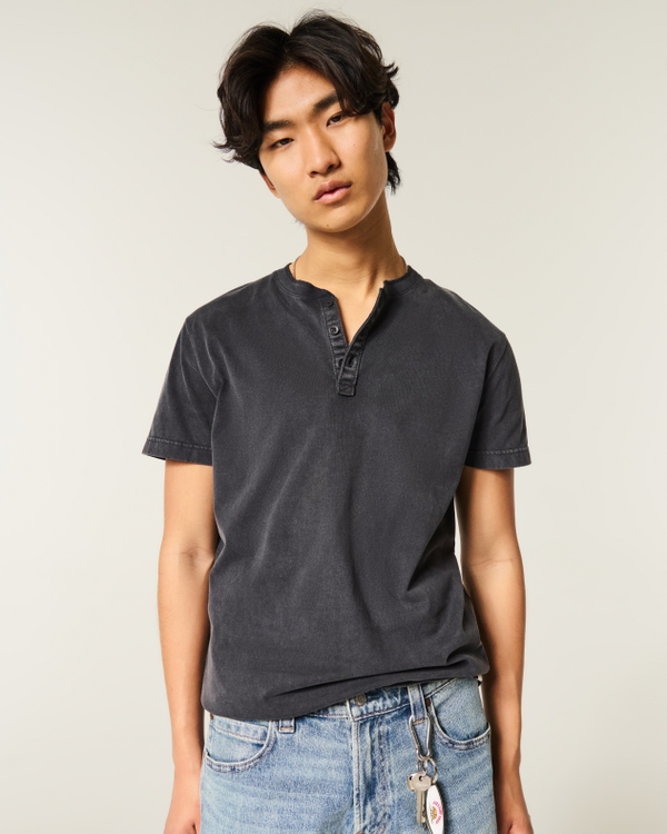 Heavyweight Cotton Short-Sleeve Henley, Black view 1