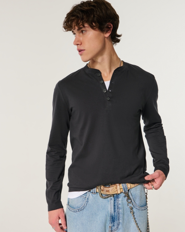 Washed Long-Sleeve Henley, Black view 1