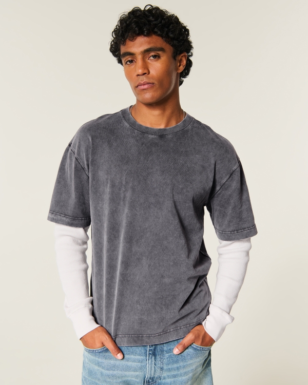Boxy Layered Waffle 2-in-1 Crew T-Shirt, Charcoal view 1