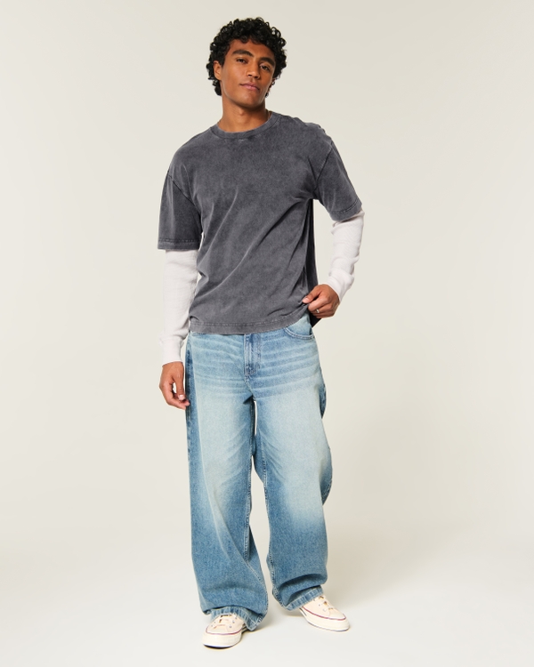 Boxy Layered Waffle 2-in-1 Crew T-Shirt, Charcoal view 2