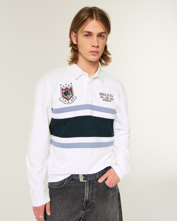 Boxy Long-Sleeve Logo Graphic Rugby Polo, White Stripe view 1