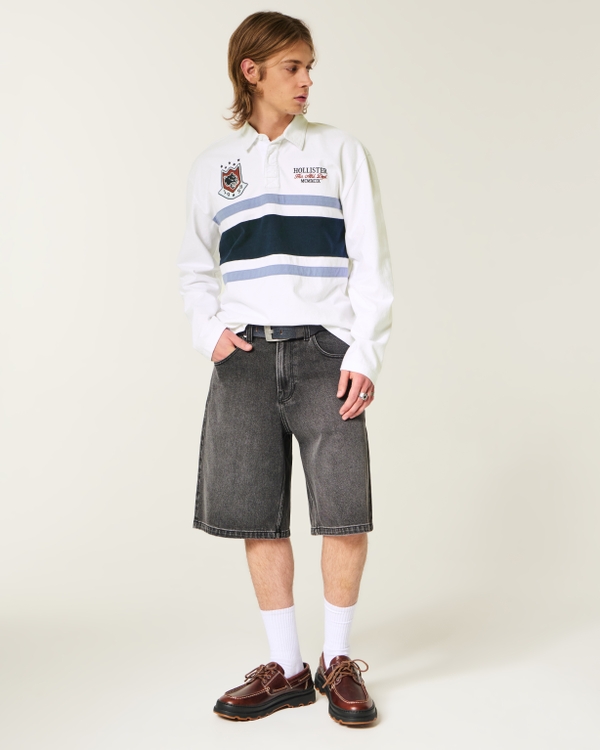 Boxy Long-Sleeve Logo Graphic Rugby Polo, White Stripe view 2