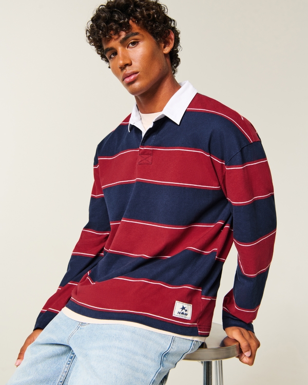 Boxy Heavyweight Long-Sleeve Rugby Polo, Red Stripe view 1
