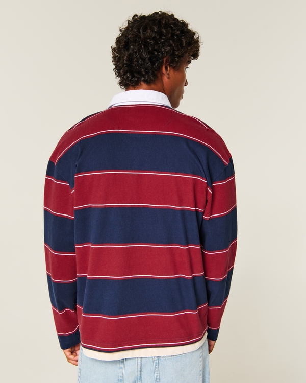 Boxy Heavyweight Long-Sleeve Rugby Polo, Red Stripe view 2