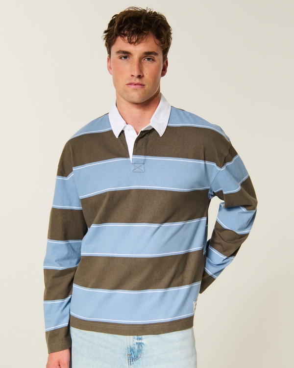 Boxy Heavyweight Long-Sleeve Rugby Polo, Brown Stripe view 1