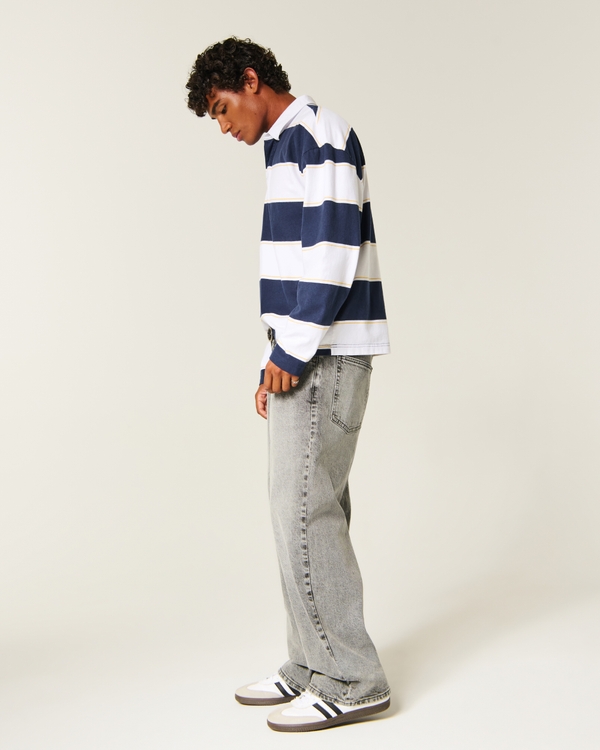 Boxy Heavyweight Long-Sleeve Rugby Polo, Navy Stripe view 1