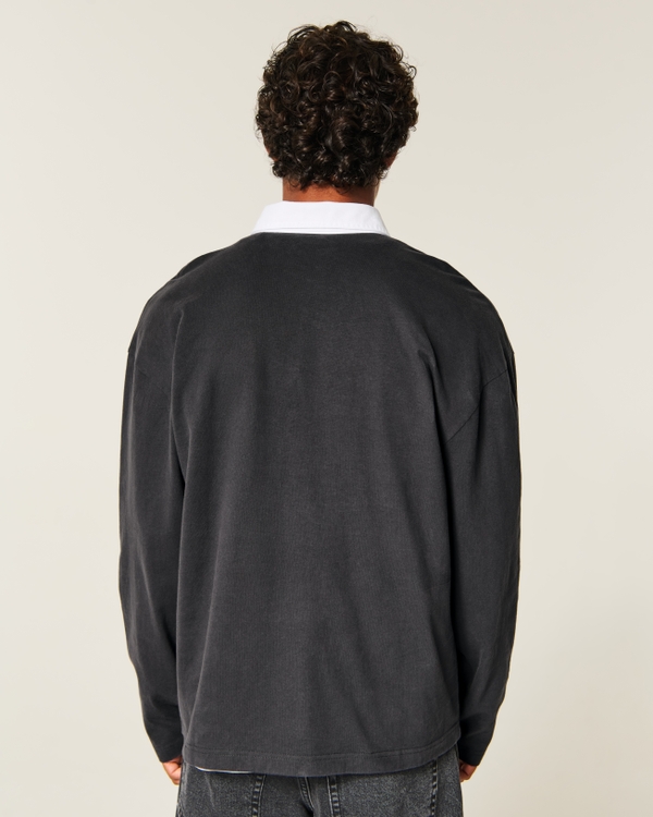 Boxy Heavyweight Long-Sleeve Rugby Polo, Black Stripe view 2