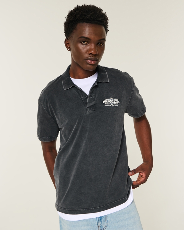 Relaxed Washed Logo Polo, Black view 1