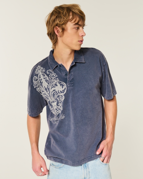 Boxy Heavyweight Cotton Graphic Polo, Light Navy view 1