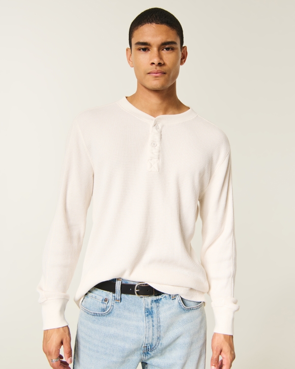 Relaxed Long-Sleeve Thermal Henley, Cream view 1