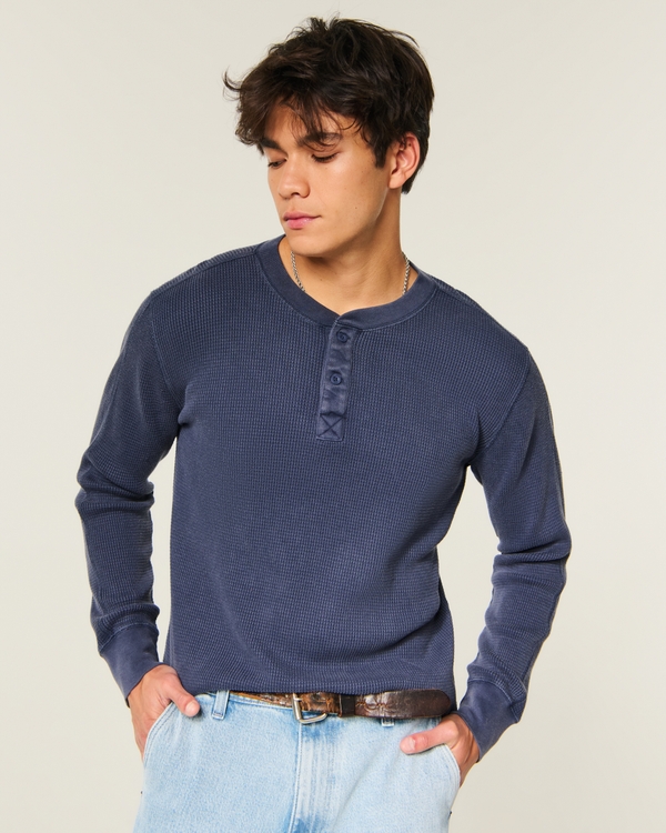 Relaxed Long-Sleeve Thermal Henley, Navy view 1