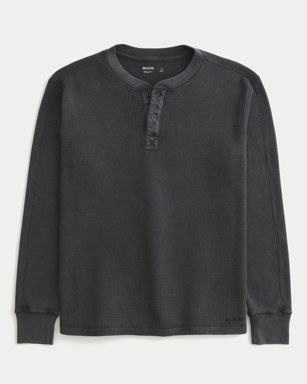 Relaxed Long-Sleeve Thermal Henley, Black view 1