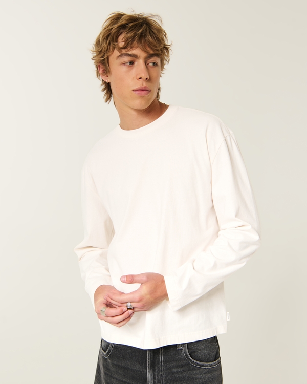 Boxy Heavyweight Long-Sleeve Cotton Crew T-Shirt, Cream view 1