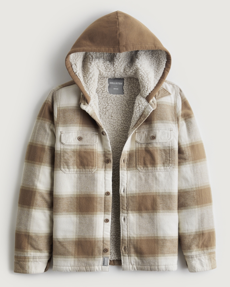 Mens Relaxed Sherpa Lined Hooded Flannel Shirt Jacket Mens Tops 