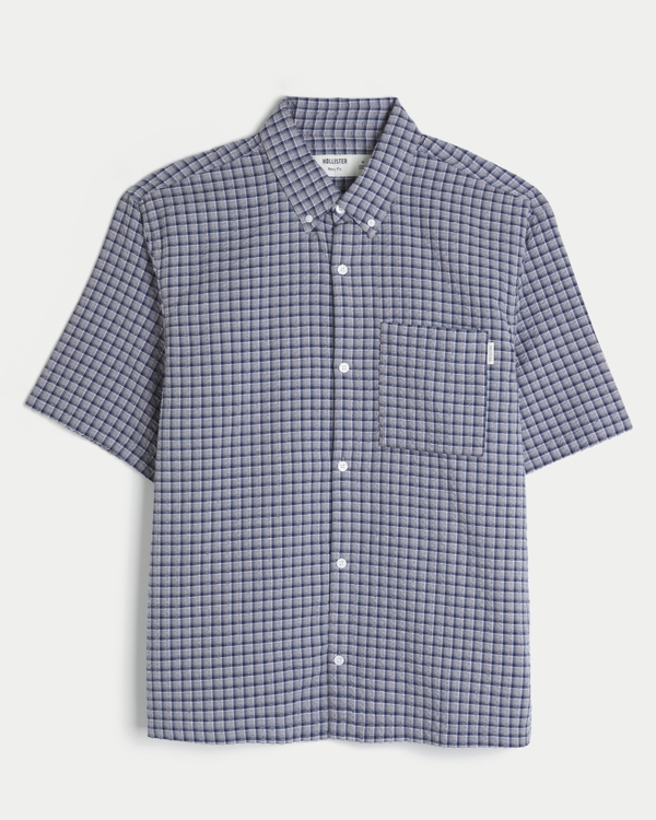 Boxy Short-Sleeve Seersucker Shirt, Light Grey Pattern view 1