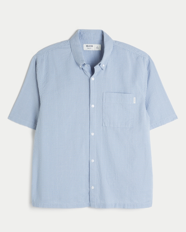 Boxy Short-Sleeve Seersucker Shirt, Light Blue Gingham view 1